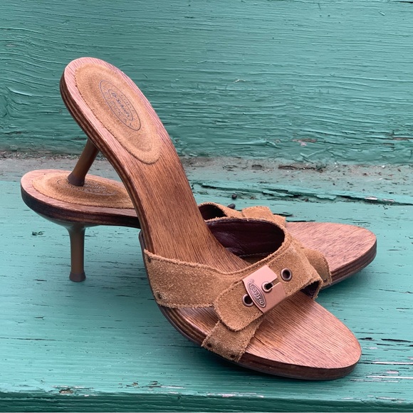 Dr. Scholl's Shoes - Vintage 90’s 70’s brown suede wood sling kitten heel mules slides Dr Scholl’s